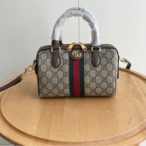 Gucci Beige and Brown Satchel with Red and Green Stripe